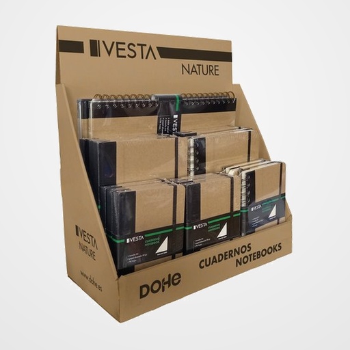 BLOC VESTA NATURE SURTIDO EXPOSITOR DE 19 1x 10637 CARTONE A4 LISO 2x 10638 CARTONE A5 HORIZ. 2x 10639 CARTONE A5 CUADRIC. 2x 10640 CARTONE A5 LISO 2x 10641 CARTONE A6 HORIZ. 2x 10642 CARTONE A6 CUADRIC. 2x 10643 CARTONE A6 LISO 1x 10743 WIRE-O A4 LISO 2x 10744 WIRE-O A5 LISO 3x 10745 WIRE-O A6 LISO