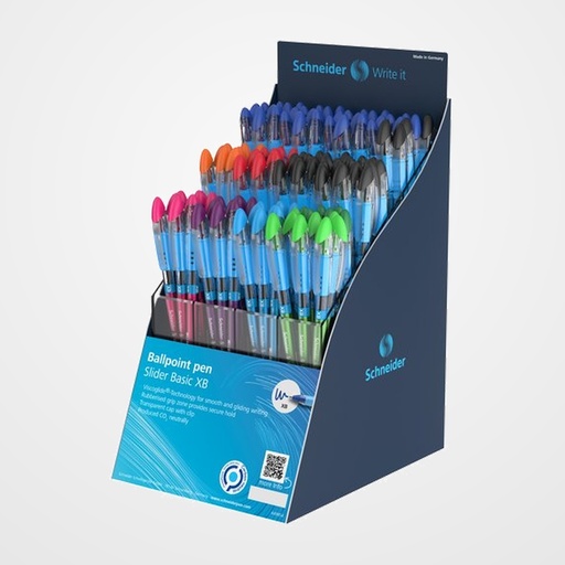 BOLIGRAFO SCHNEIDER SLIDER BASIC XB EXPOSITOR de 120 36x 151203 AZUL 28x 151201 NEGRO 10x 151202 ROJO  8x 151206 NARANJA  8x 151208 VIOLETA  8x 151209 ROSA  8x 151210 AZUL CLARO  8x 151211 VERDE CLARO  6x 151204 VERDE