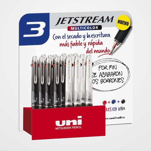 BOLIGRAFO de 3 COLORES UNI-BALL JETSTREAM 3 1,0 (SXE-400) SURTIDO EXPOSITOR de 15 8x 246439000 NEGRO 7X 246249000 BLANCO