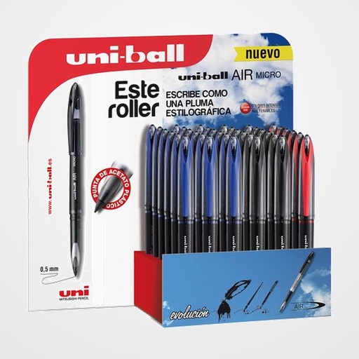 ROLLER T.LIQ. UNI-BALL AIR MICRO 0,5 (UBA-188-M) EXPOSITOR de 36 18x 190488000 AZUL 12x 190470000 NEGRO  6x 190496000 ROJO