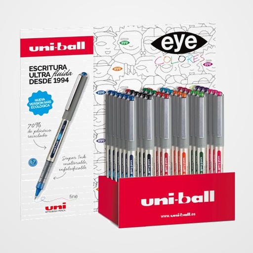 ROLLER T.LIQ. UNI-BALL EYE FINE 0,7 (UB-157E)  EXPOSITOR de 36 (10 col.) 5x NEGRO 6x AZUL 4x ROJO 3x VERDE 3x AZUL CLARO 3x VERDE CLARO 3x VIOLETA 3x NARANJA 3x ROSA 3x VINO