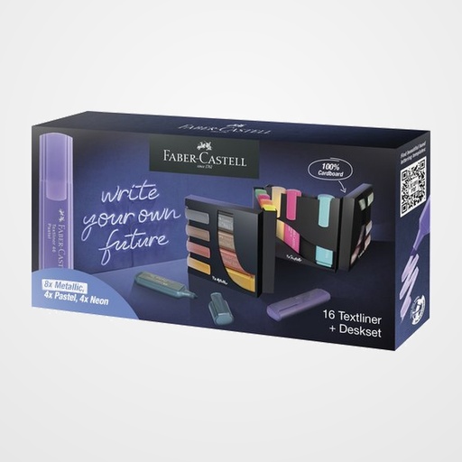 MARCADOR FLUOR FABER-CASTELL TEXTLINER 46 SET DE ESCRITORIO EXPOSITOR DE 16 (4x neón, 4x pastel, 8x colores metálicos)