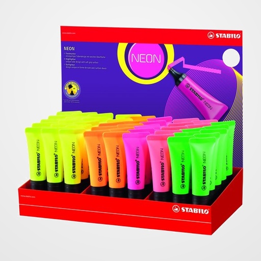 MARCADOR FLUOR STABILO NEON 72 EXPOSITOR de 45 (17 am- 8 vd - 8 nj - 7 rs - 5 mg)