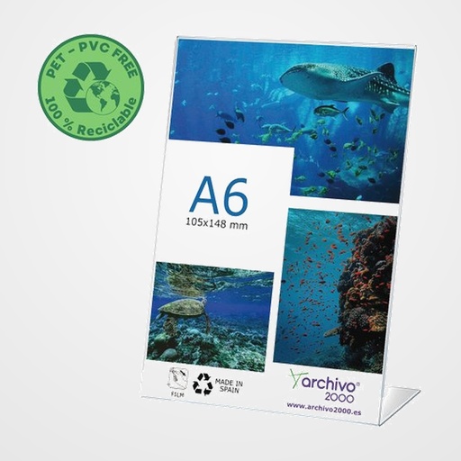 EXPOSITOR SOBREMESA A.2000 EN FORMA DE L A6 VERTICAL FLEXIBLE CRISTAL PACK de 10