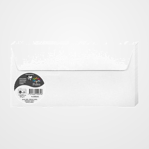 SOBRE CLAIREFONTAINE POLLEN 110x220 120g BLANCO METALIZADO PAQUETE DE 20