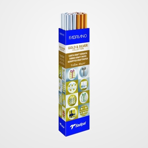 PAPEL de EMBALAR KRAFT ROLLO SADIPAL ORO/PLATA 1x3 m 60gr EXPOSITOR de 25 ROLLOS (15XORO Y 10XPLATA)