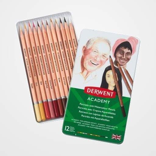 LAPICES DERWENT ACADEMY CAJA METALICA de 12 PIEZAS ACUARELABLES COLORES PIEL