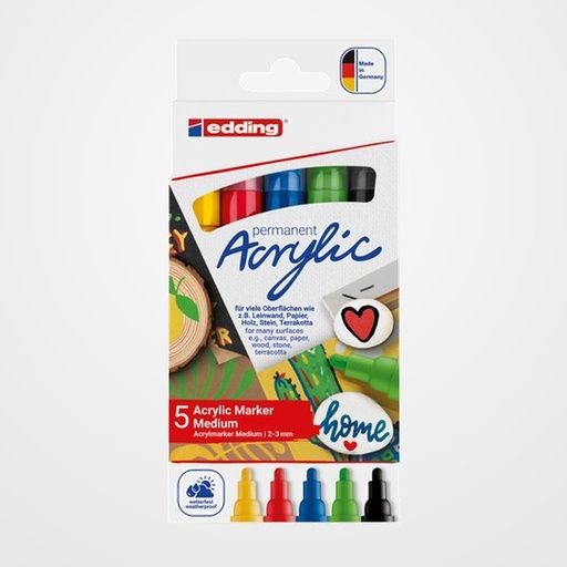 MARCADOR ACRYLIC EDDING 5100 CONICO (2-3 mm) COLORES BASICOS estuche de 5