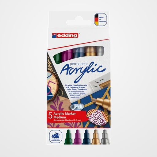 MARCADOR ACRYLIC EDDING 5100 CONICO (2-3 mm) COLORES FESTIVOS estuche de 5