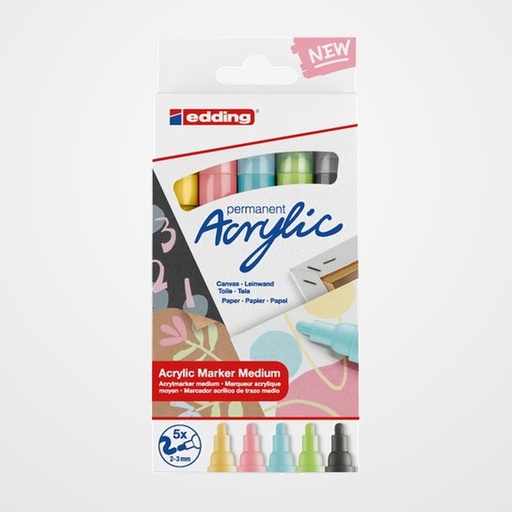 MARCADOR ACRYLIC EDDING 5100 CONICO (2-3 mm) COLORES PASTEL estuche de 5