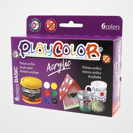 PINTURA ACRILICA PLAYCOLOR BASIC SURTIDO CAJA de 6 colores 40 ml + PINCEL (Blanco + Amarillo + Rojo + Verde + Azul + Negro)
