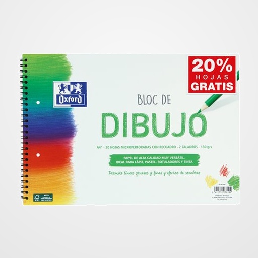 BLOC DE DIBUJO OXFORD CON ESPIRAL LISO con RECUADRO 2 TALADROS A4+ 130g 20h(verde)