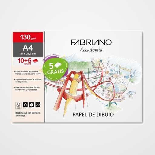 LAMINAS DIBUJO FABRIANO A4 130g 21x29,7 LISA BOLSA DE 10