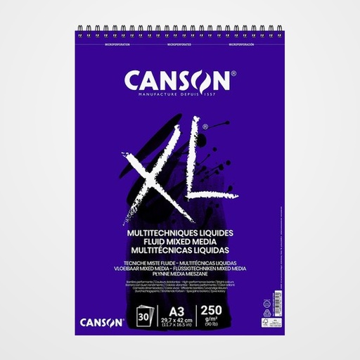 BLOC DE DIBUJO CANSON XL FLUID MIX MEDIA CON ESPIRAL LISO A3 250g 30h