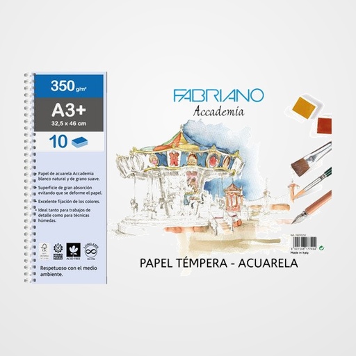 BLOC DE DIBUJO FABRIANO ACCADEMIA CON ESPIRAL LISO TECNICAS HUMEDAS A3+ 350g 10h