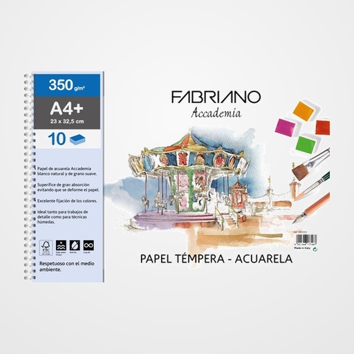 BLOC DE DIBUJO FABRIANO ACCADEMIA CON ESPIRAL LISO TECNICAS HUMEDAS A4+ 350g 10h