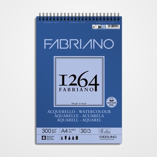 BLOC DE DIBUJO FABRIANO 1264 ACUARELA CON ESPIRAL LISO GRANO FINO A4 300g 30h