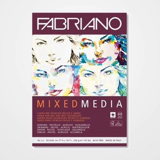 BLOC DE DIBUJO FABRIANO MIXED MEDIA ENCOLADO LISO TECNICAS MIXTAS (SECAS Y HUMEDAS) A3 250g 40h