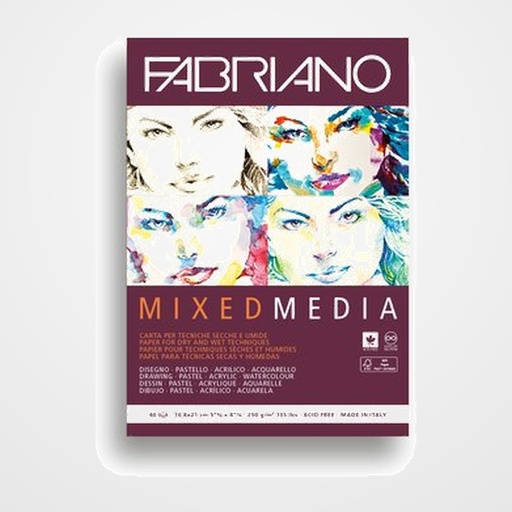 BLOC DE DIBUJO FABRIANO MIXED MEDIA ENCOLADO LISO TECNICAS MIXTAS (SECAS Y HUMEDAS) A5 250g 40h