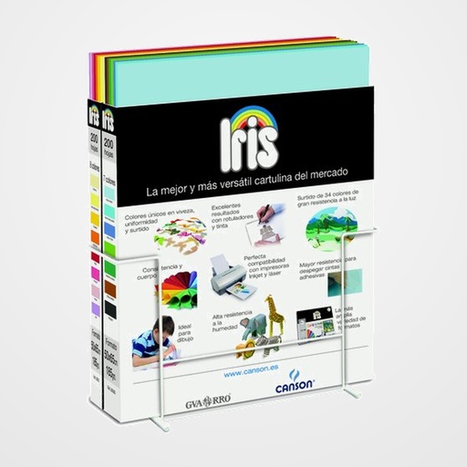 CARTULINA 50x65 cm IRIS 185g CAJAS EXPOSITORAS 2x200 uds(15 colores) CONTENIDO sin SOPORTE