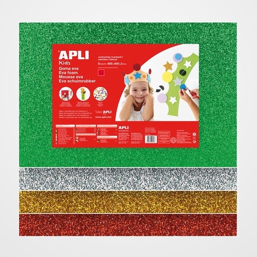 GOMA EVA  APLI HOJA 40x60 cm PURPURINA 5 hojas (ORO, PLATA, VERDE, AZUL Y ROJO)