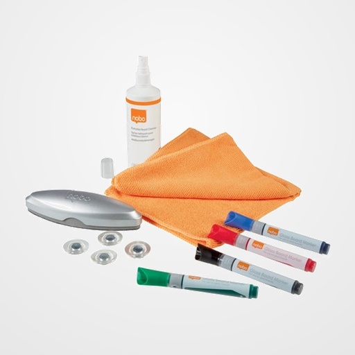 KIT NOBO para PIZARRA BLANCA CRISTAL (MARCADORES, BORRADOR, TRAPO LIMPIEZA, IMANES y SPRAY 125 ml)