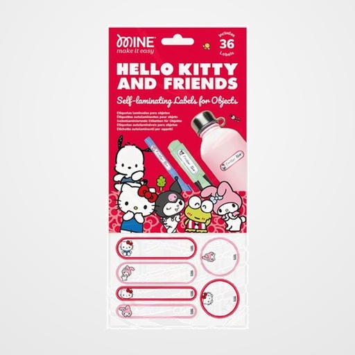 ETIQUETA MINE ADHESIVA LAMINADA HELLO KITTY BLISTER DE 36 (12x grandes, 18x alargadas y 6x redondas)