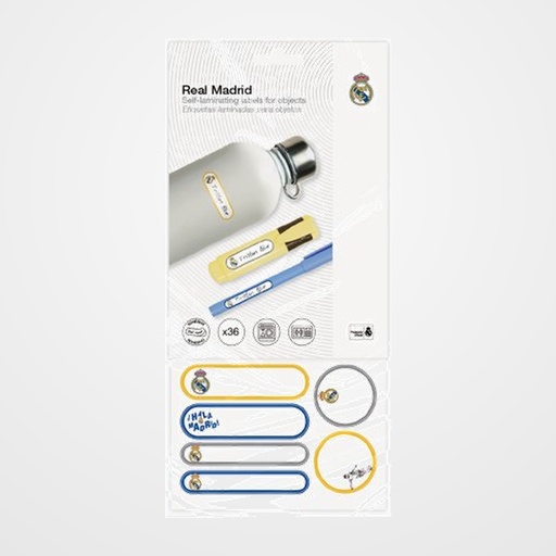 ETIQUETA MINE ADHESIVA LAMINADA REAL MADRID BLISTER DE 36 (12x grandes, 18x alargadas y 6x redondas)