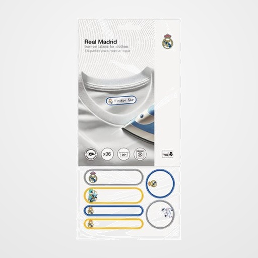 ETIQUETA MINE TERMOADHESIVA (TEXTIL) REAL MADRID BLISTER DE 36 (12x grandes, 18x alargadas y 6x redondas)