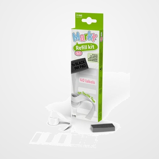 KIT DE RECAMBIOS PARA SELLO AUTOMATICO MINE DIY MARKY (1x cinta blanca termoadhesiva, 40x etiquetas y 1x cartucho de tinta)