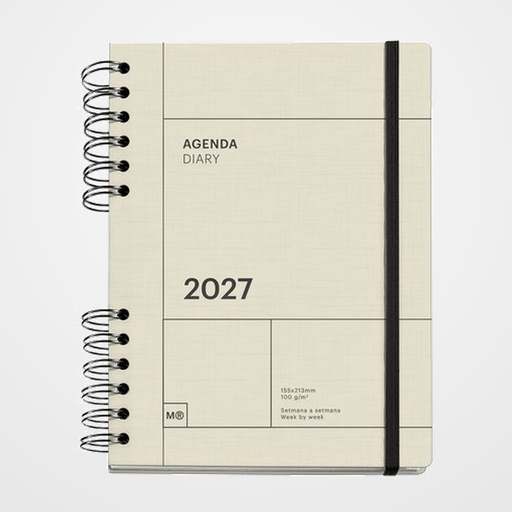 AGENDA ANUAL (2027) CATALAN MIQUELRIUS TRENDS BACK TO BASICS WIRE-O tapa EXTRA con GOMA PLUS 155x213 S/V APAIS. CREMA