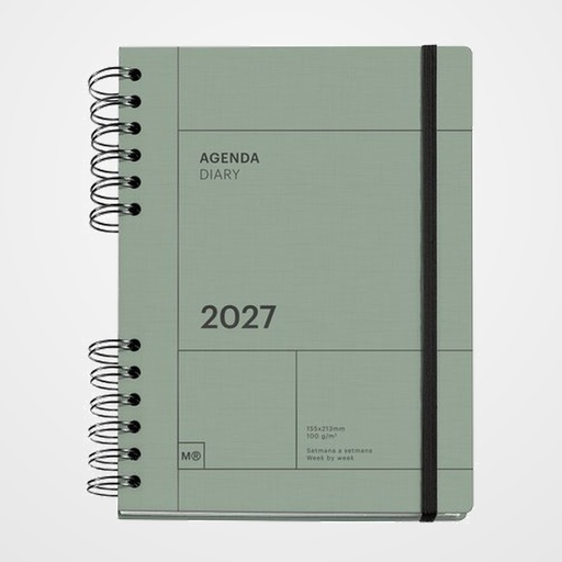 AGENDA ANUAL (2027) CATALAN MIQUELRIUS TRENDS BACK TO BASICS WIRE-O tapa EXTRA con GOMA PLUS 155x213 S/V APAIS. VERDE