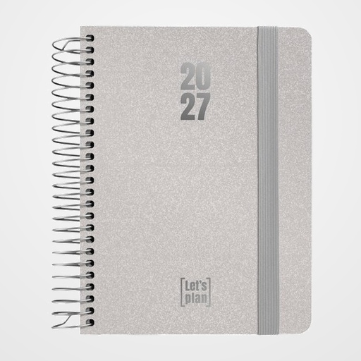 AGENDA ANUAL (2027) GRAFOPLAS METALLIC ESPIRAL tapa EXTRADURA con GOMA A6 150x120 S/V PLATA
