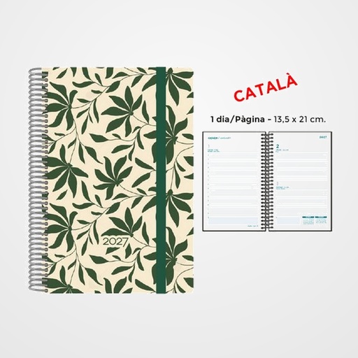 AGENDA ANUAL (2027) SENFORT CATALAN DECORADA ESPIRAL tapa PP con GOMA 135x210 D/P FULLES VERDES