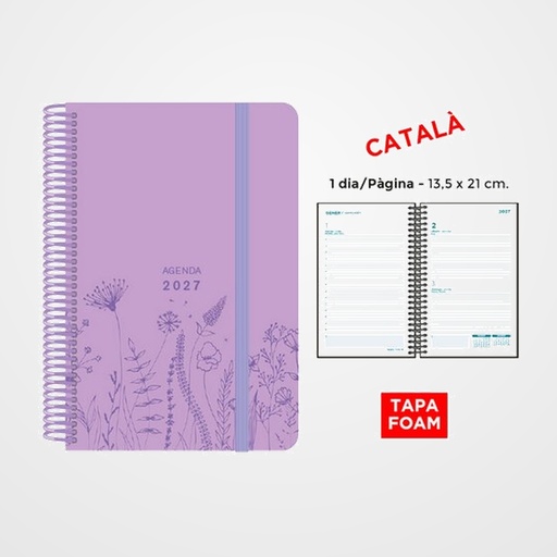 AGENDA ANUAL (2027) SENFORT CATALAN FOAM SPRING ESPIRAL tapa PP FOAM con GOMA 135x210 D/P LILA PASTIS