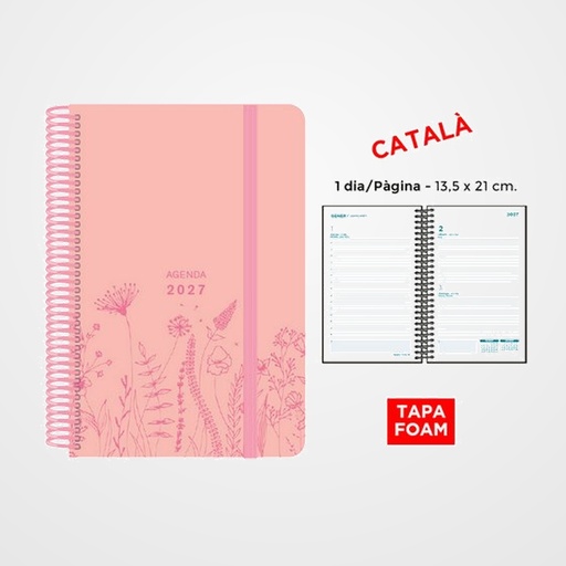 AGENDA ANUAL (2027) SENFORT CATALAN FOAM SPRING ESPIRAL tapa PP FOAM con GOMA 135x210 D/P ROSA PASTIS