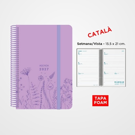 AGENDA ANUAL (2027) SENFORT CATALAN FOAM SPRING ESPIRAL tapa PP FOAM con GOMA 135x210 S/V LILA PASTIS