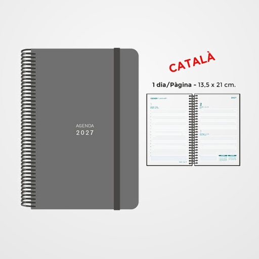 AGENDA ANUAL (2027) SENFORT CATALAN UNICOLOR ESPIRAL tapa PP con GOMA 135x210 D/P GRIS