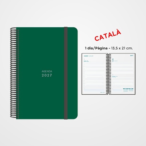AGENDA ANUAL (2027) SENFORT CATALAN UNICOLOR ESPIRAL tapa PP con GOMA 135x210 D/P VERD FOSC