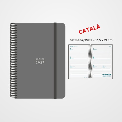 AGENDA ANUAL (2027) SENFORT CATALAN UNICOLOR ESPIRAL tapa PP con GOMA 135x210 S/V GRIS