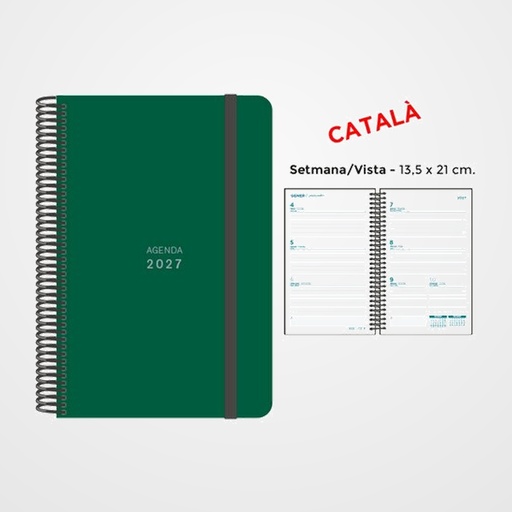 AGENDA ANUAL (2027) SENFORT CATALAN UNICOLOR ESPIRAL tapa PP con GOMA 135x210 S/V VERD FOSC