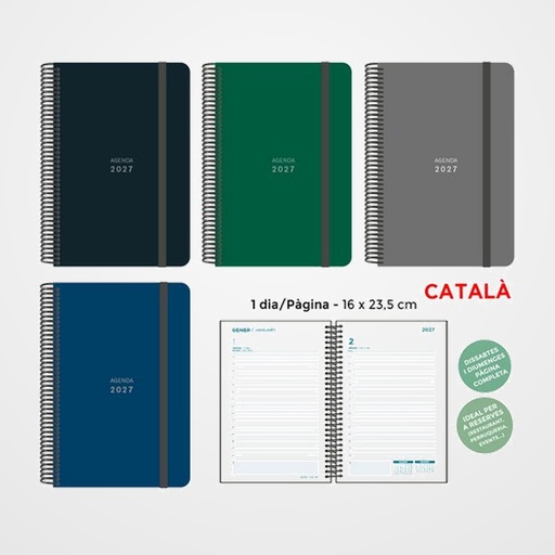 AGENDA ANUAL (2027) SENFORT CATALAN UNICOLOR ESPIRAL tapa PP con GOMA 160x235 D/P ASSORTIMENT DE 4