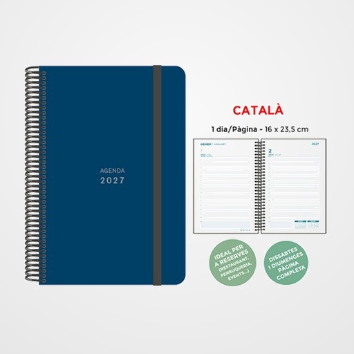 AGENDA ANUAL (2027) SENFORT CATALAN UNICOLOR ESPIRAL tapa PP con GOMA 160x235 D/P BLAU FOSC