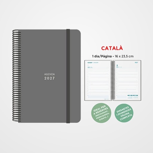 AGENDA ANUAL (2027) SENFORT CATALAN UNICOLOR ESPIRAL tapa PP con GOMA 160x235 D/P GRIS
