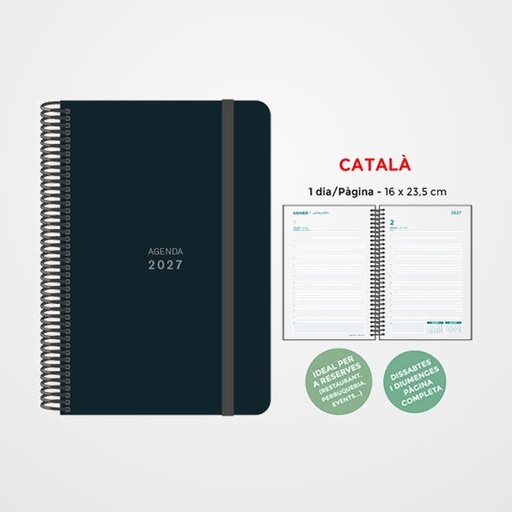 AGENDA ANUAL (2027) SENFORT CATALAN UNICOLOR ESPIRAL tapa PP con GOMA 160x235 D/P NEGRE