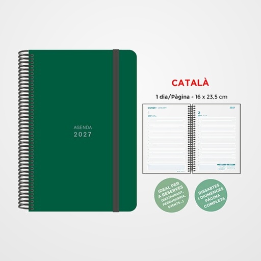 AGENDA ANUAL (2027) SENFORT CATALAN UNICOLOR ESPIRAL tapa PP con GOMA 160x235 D/P VERD FOSC