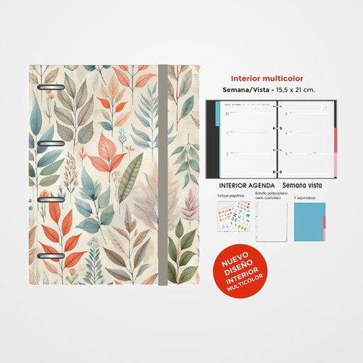 AGENDA ANUAL (2027) SENFORT DECORADA ANILLAS tapa EXTRA con GOMA 155x210 S/V HOJAS COLOR