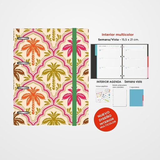AGENDA ANUAL (2027) SENFORT DECORADA ANILLAS tapa EXTRA con GOMA 155x210 S/V PALMERAS COLOR