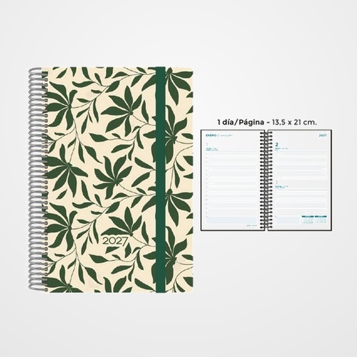 AGENDA ANUAL (2027) SENFORT DECORADA ESPIRAL tapa PP con GOMA 135x210 D/P HOJAS VERDES