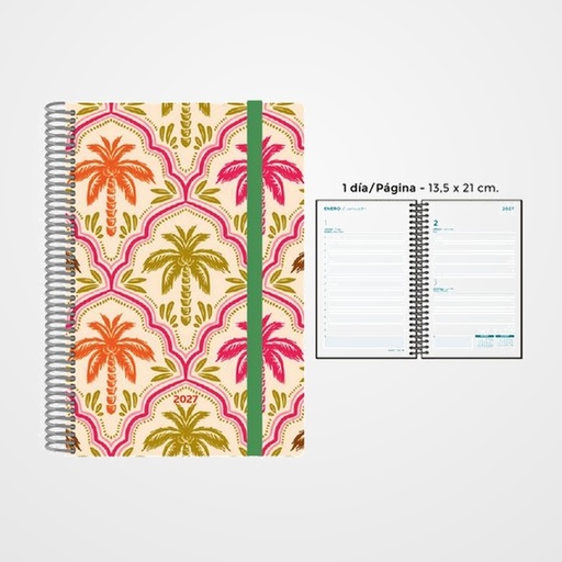 AGENDA ANUAL (2027) SENFORT DECORADA ESPIRAL tapa PP con GOMA 135x210 D/P PALMERAS COLOR
